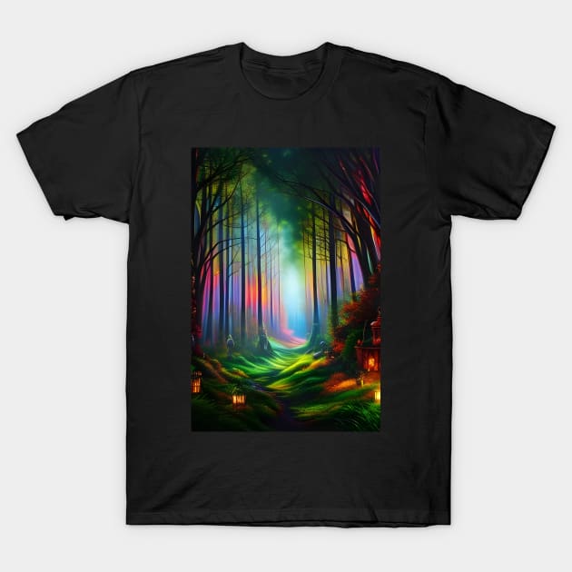 Dreamy Rainbow Colored Forest Trail - Digital AI Art T-Shirt by Christine aka stine1